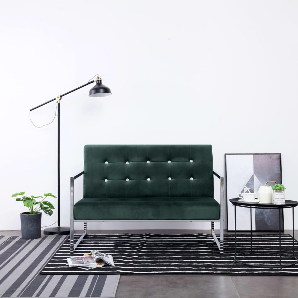 VIDAXL Canape 2 places avec accoudoirs Vert fonce Chrome et velours