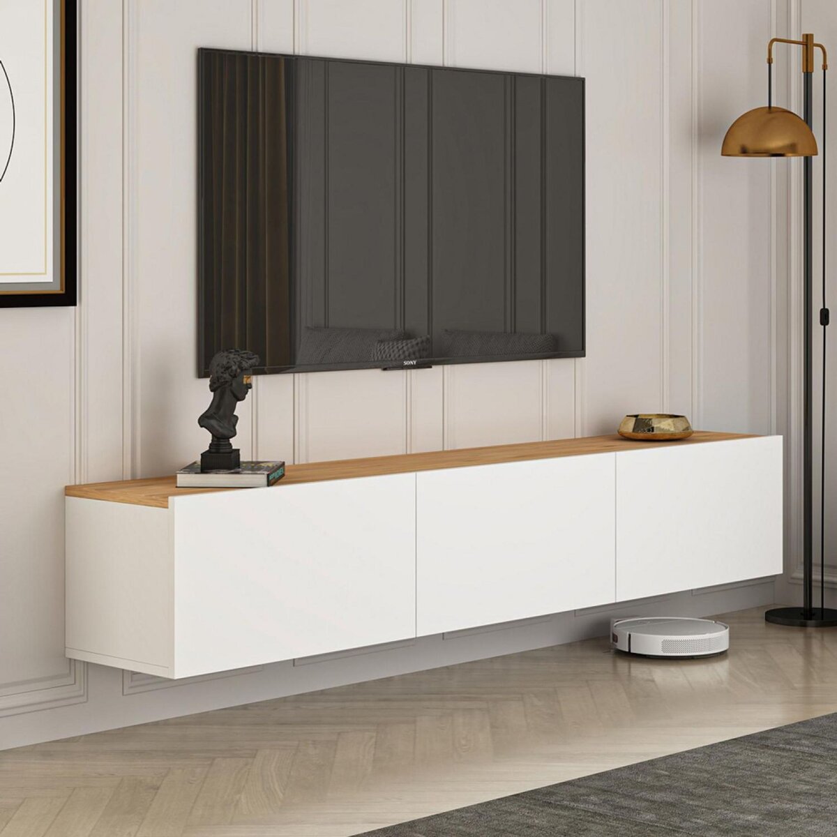 CONCEPT USINE Meuble TV suspendu avec placards 150cm blanc et bois HAL