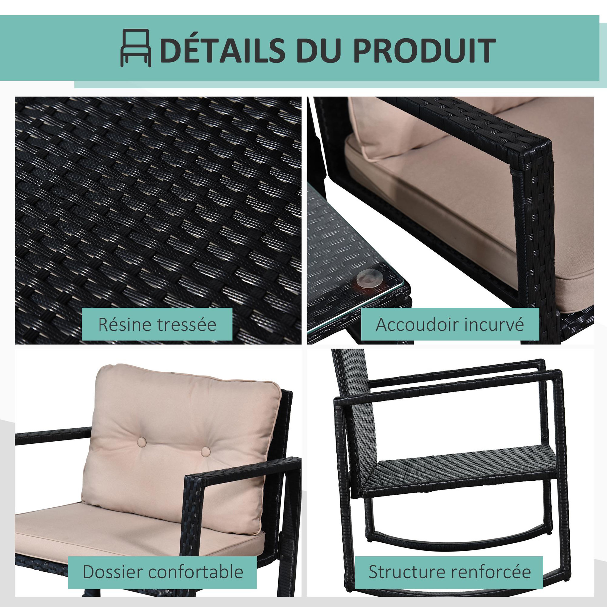 Voir la diapositive 5 : OUTSUNNY Ensemble de jardin 3 pièces style colonial 2 fauteuils à bascule avec coussins marron table basse étagère métal époxy résine tressée 4 fils noir