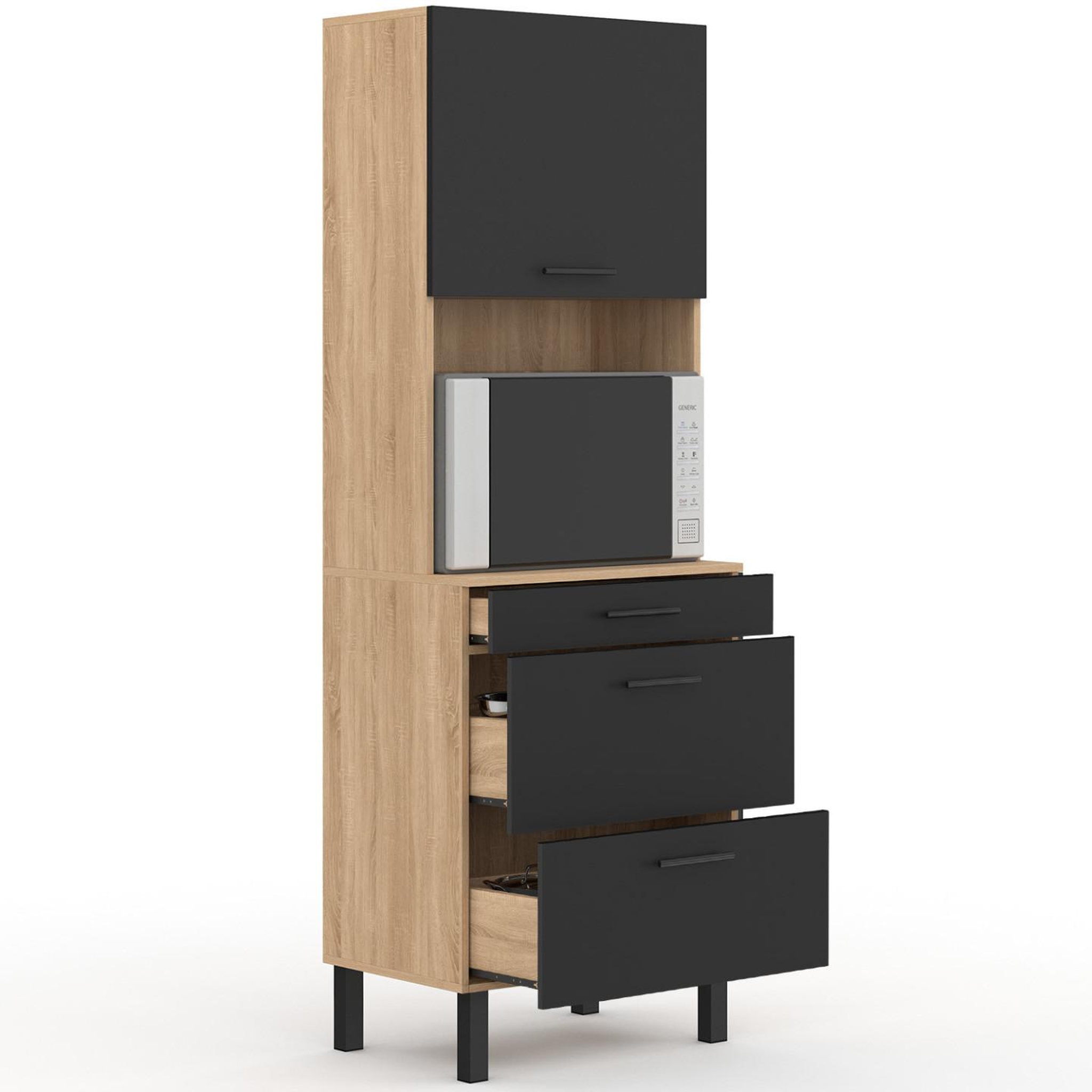 ID MARKET Colonne de cuisine micro-ondes et casserolier 60 cm cina 2 portes façon hêtre et noir