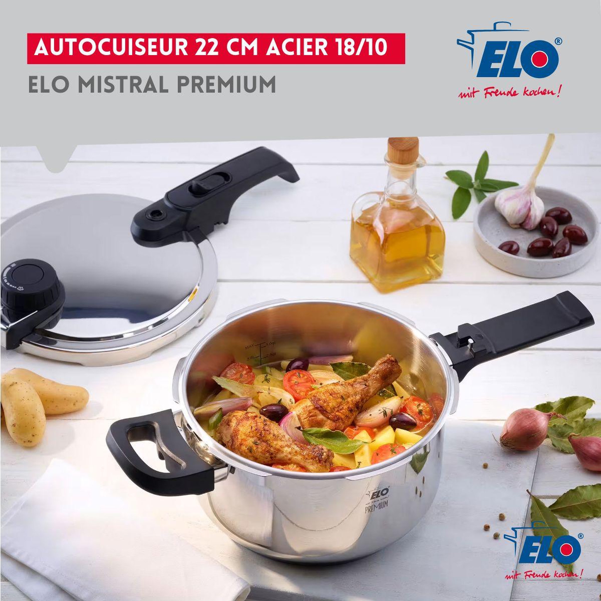 Voir la diapositive 2 : ELO Autocuiseur vapeur en acier inoxydable 18/10 22 cm 4,5 litres elo mistral premium