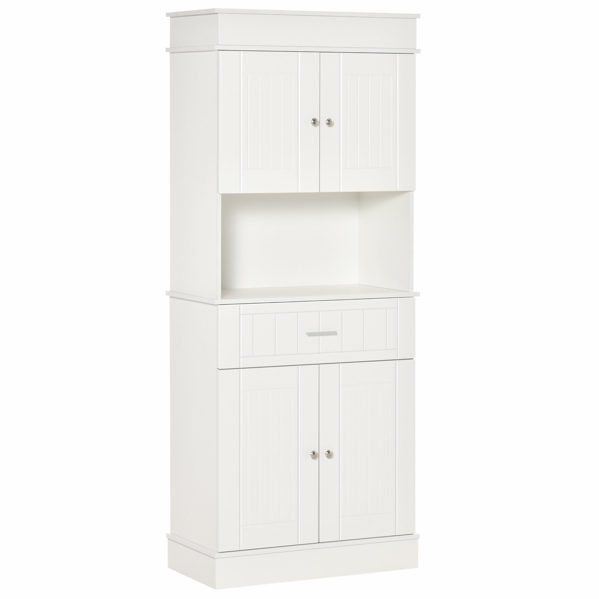 Voir la diapositive 1 : HOMCOM HOMCOM Armoire de cuisine contemporaine multi-rangement 4 portes tiroir coulissant et grand plateau dim. 74L x 39l x 183H cm panneaux particules MDF blanc