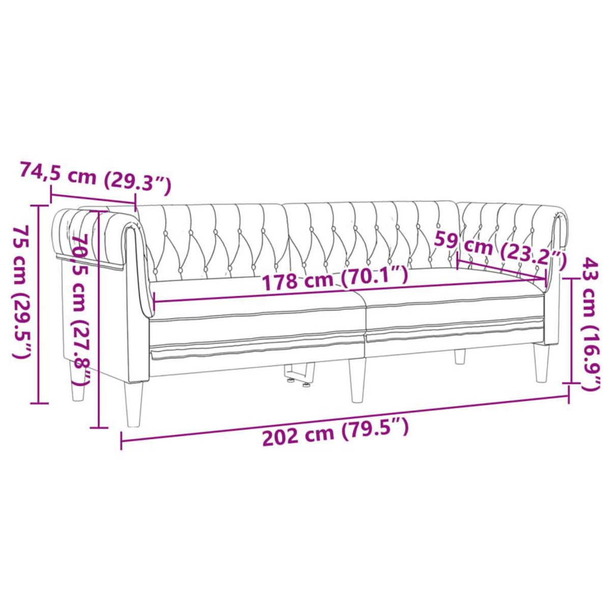 VIDAXL Canape Chesterfield 3 places marron tissu