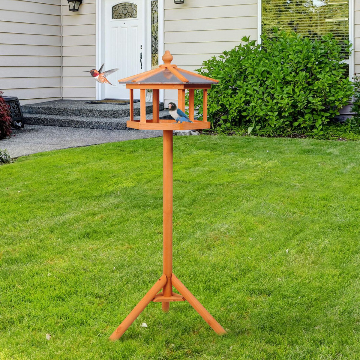 HOMCOM Mangeoire sur pied nichoir a plateau station a oiseau bois pour exterieur 113 cm