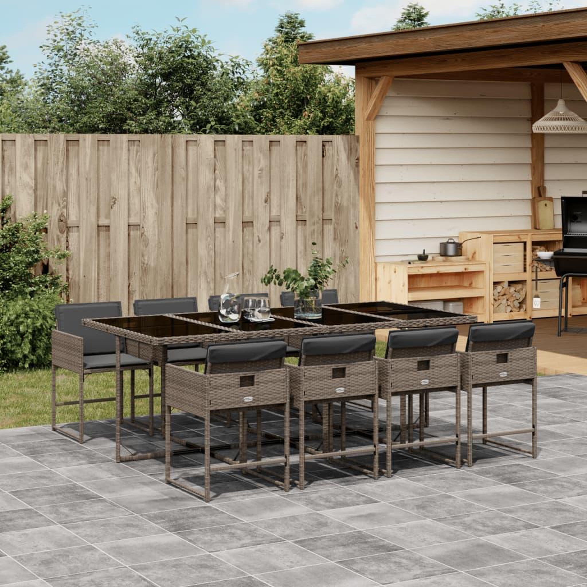 VIDAXL Ensemble a manger de jardin 9 pcs coussins gris resine tressee