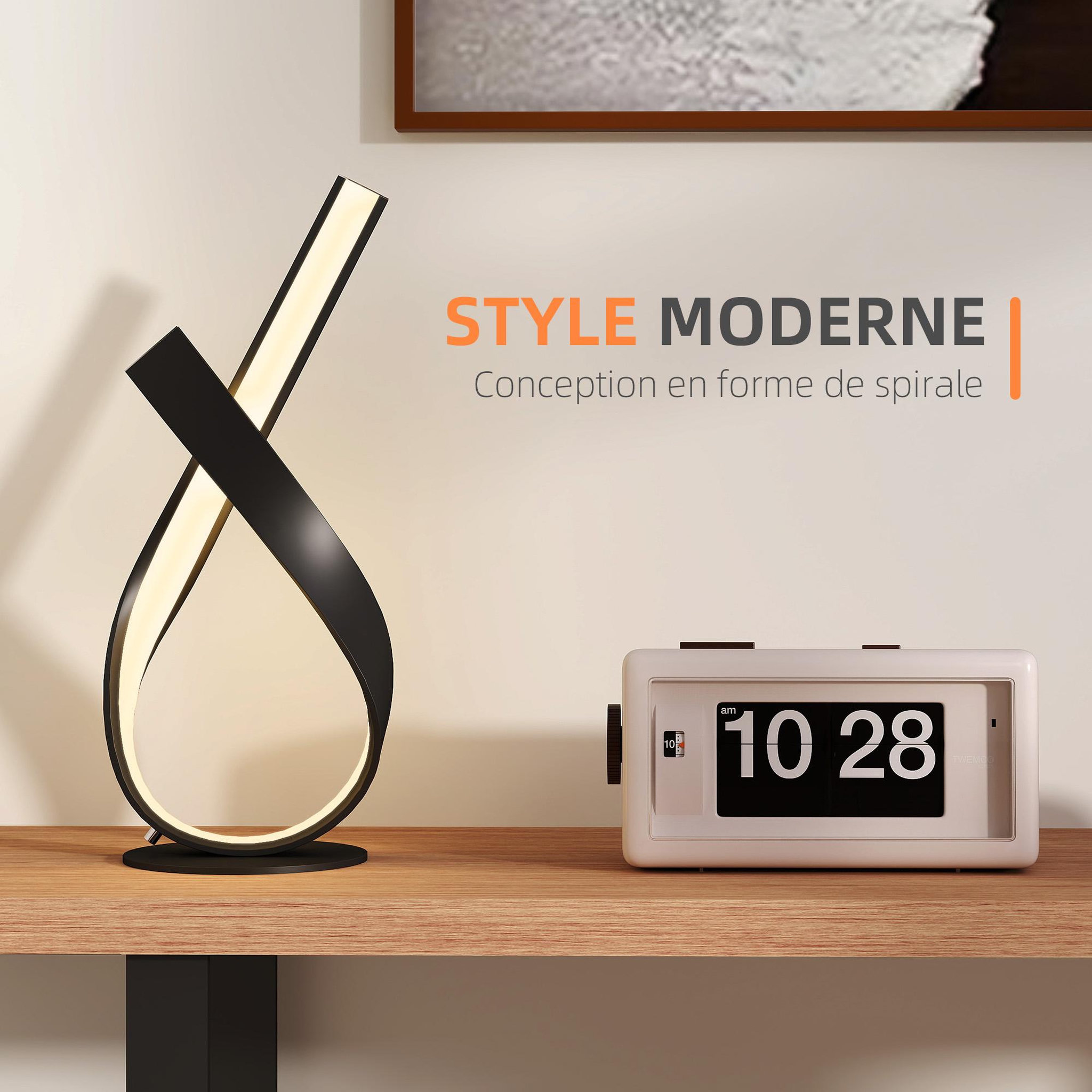 Voir la diapositive 4 : HOMCOM Lampe à poser design contemporain - lampe de table design spirale - dim. 21l x 15l x 43h cm - alu. Noir led blanc chaud