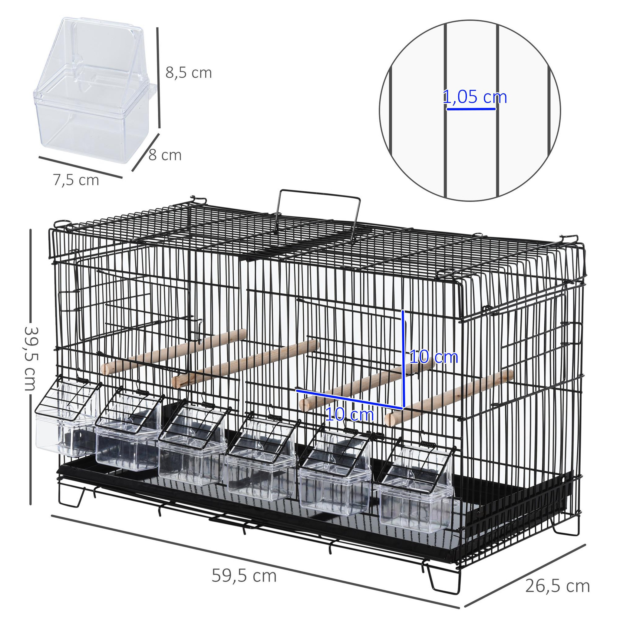Voir la diapositive 3 : PAWHUT PawHut Cage à oiseaux dim. 59,5L x 29,8I x 35,3H cm mangeoires perchoirs 4 portes plateau excrément amovible + poignée transport métal PP noir