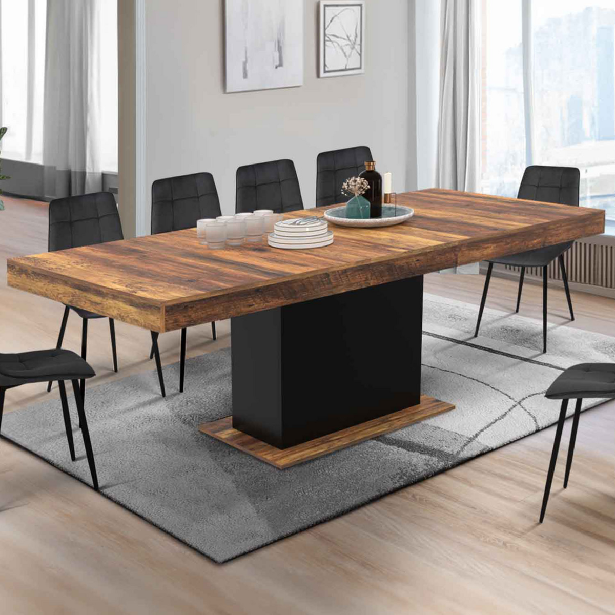 ID MARKET Table à manger extensible rectangle EDEN 6-10 personnes plateau HAWKINS bois foncé et noir 160-200cm