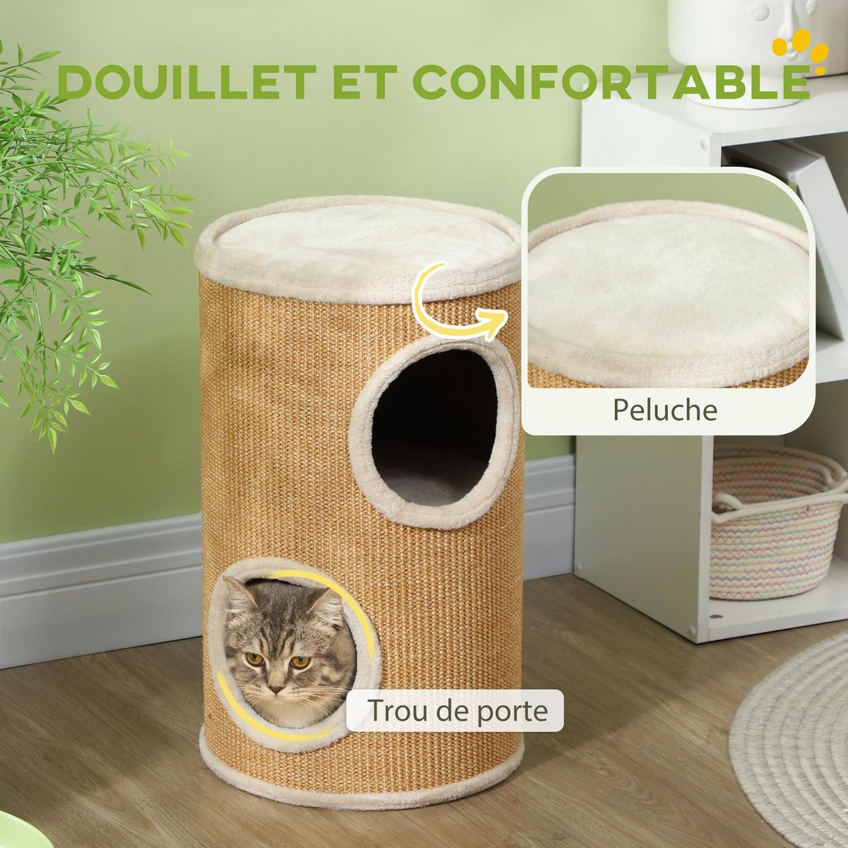 PAWHUT Arbre à chat cylindrique - tour à griffer pour chat - tonneau griffoir - 2 niches + plateforme - sisal peluche beige