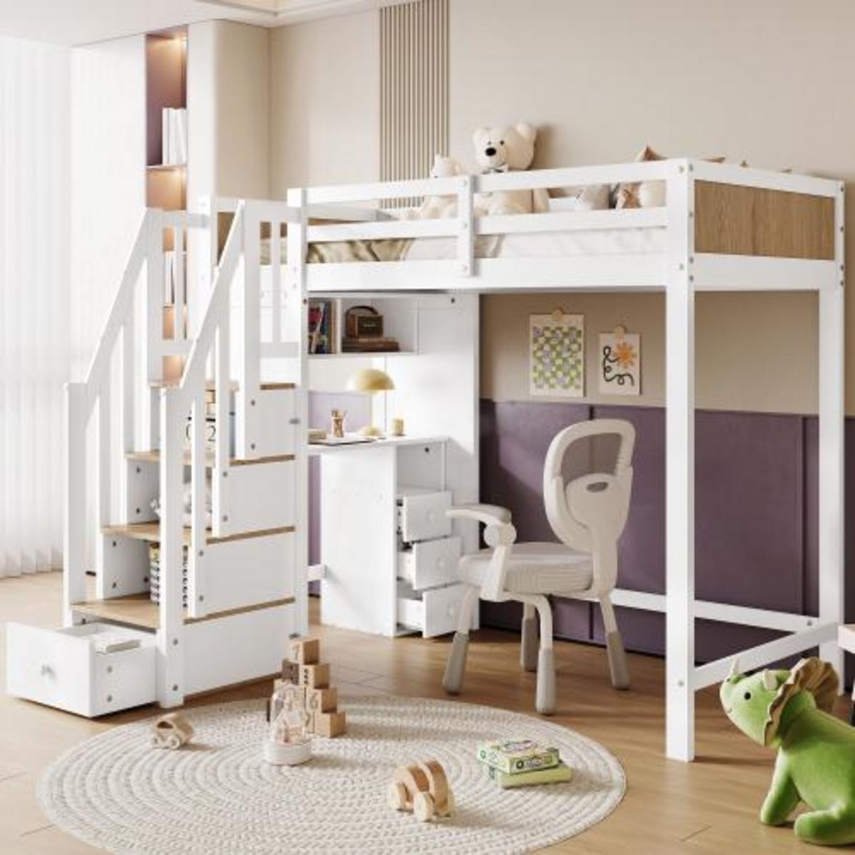 MERAX Lit combiné enfant 90x200cm bois et mdf coloris blanc+naturel