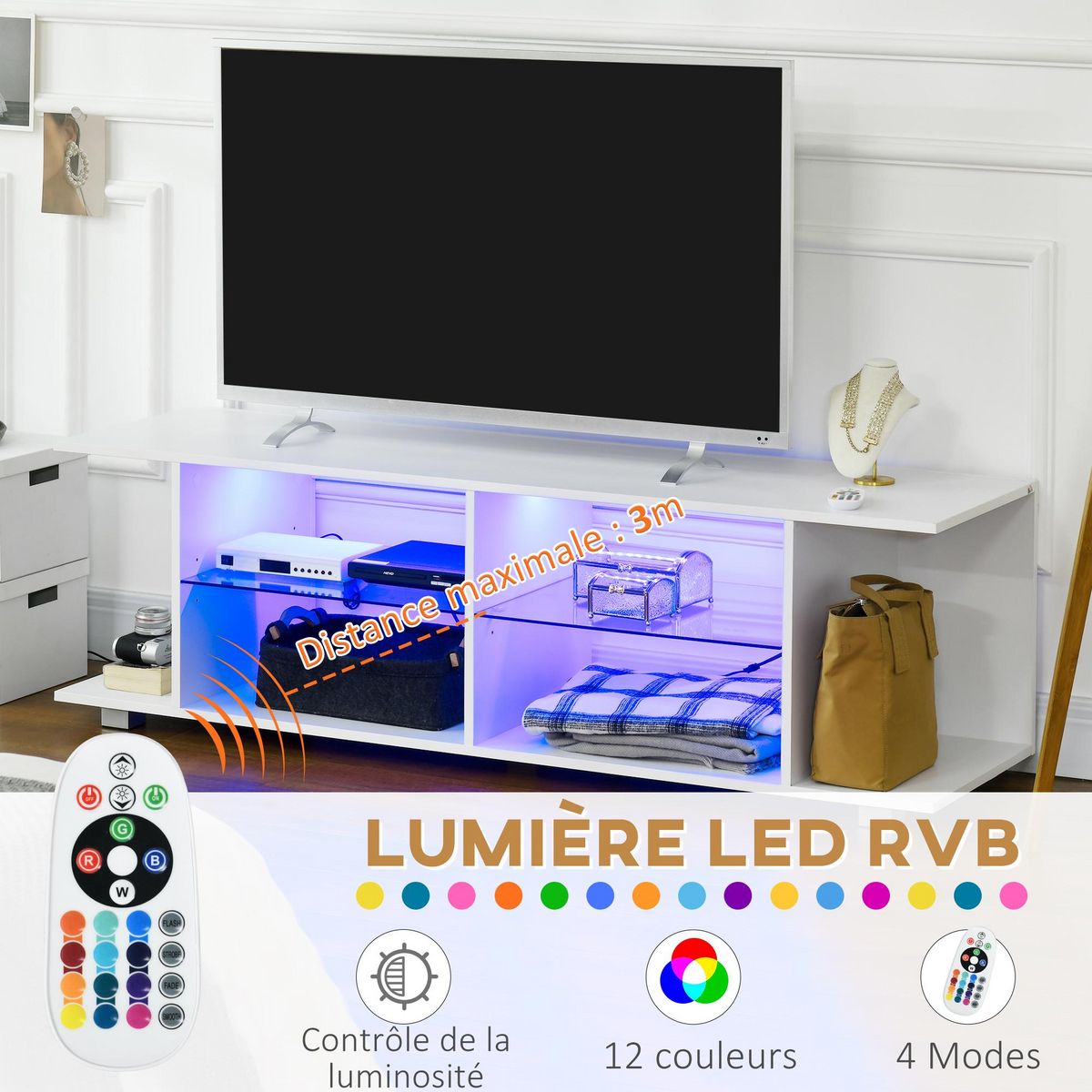 HOMCOM Meuble banc TV sur pieds avec lumières LED - 2 étagères en verre trempé pour télévision jusqu'à 60 pouces style contemporain - 145 x 40 x 45 cm blanc