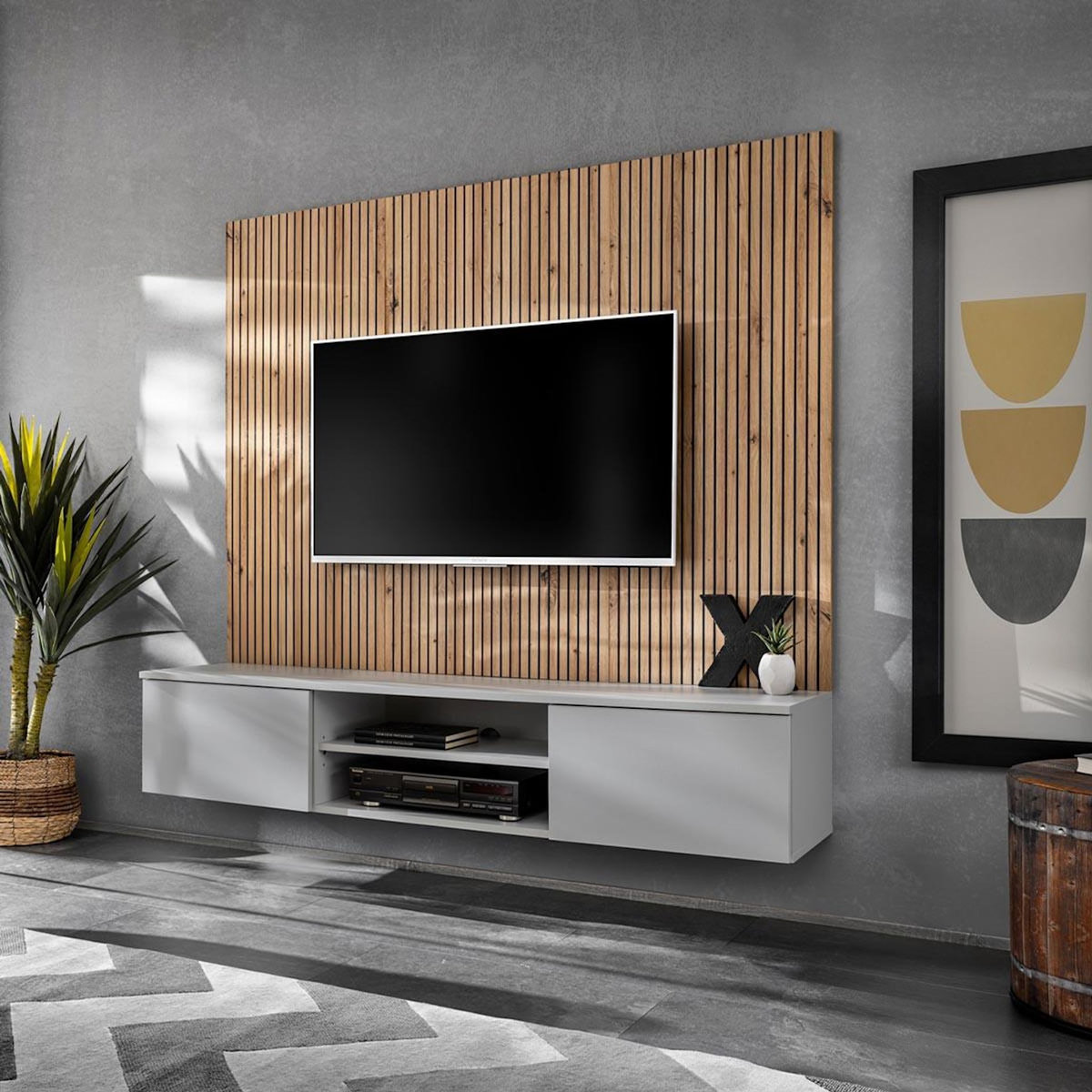 Paris Prix Ensemble Meuble TV Rayure  Xari  160cm Naturel & Gris Perle