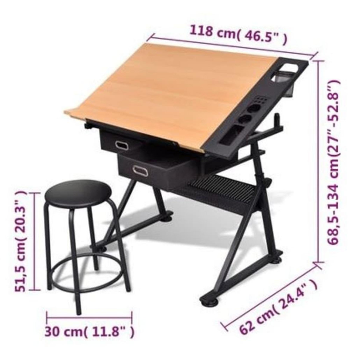 VIDAXL Table a dessin inclinable 2 tiroirs et tabouret
