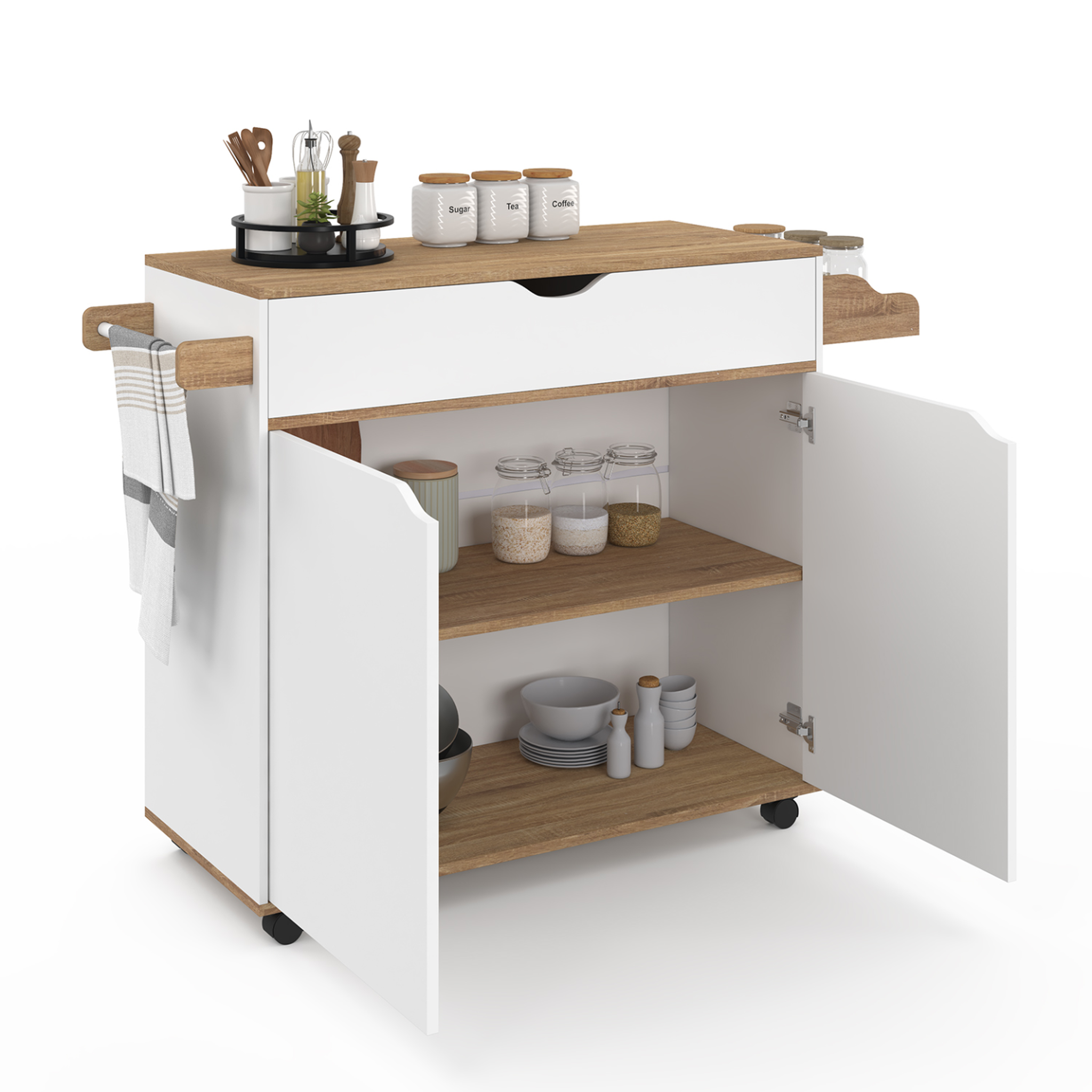 Voir la diapositive 4 : ID MARKET Desserte de cuisine cosy xxl placard avec tiroir blanc et plateaux façon hêtre l.90 cm