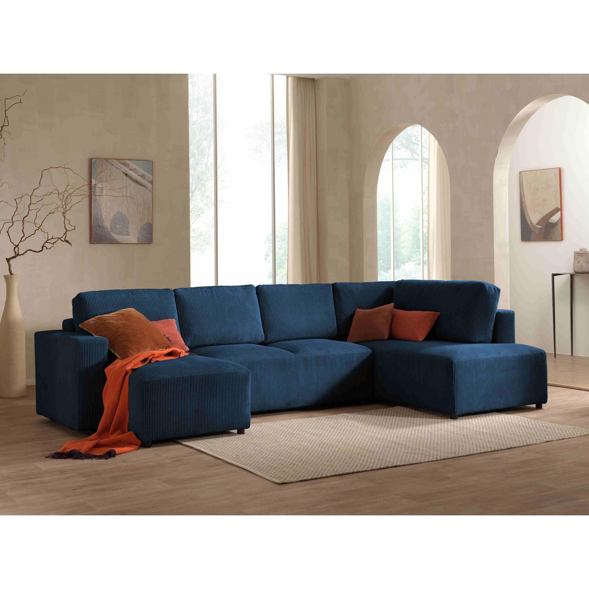 LISA DESIGN Livy - canapé panoramique convertible - avec coffre - en velours côtelé - 7 places - droit