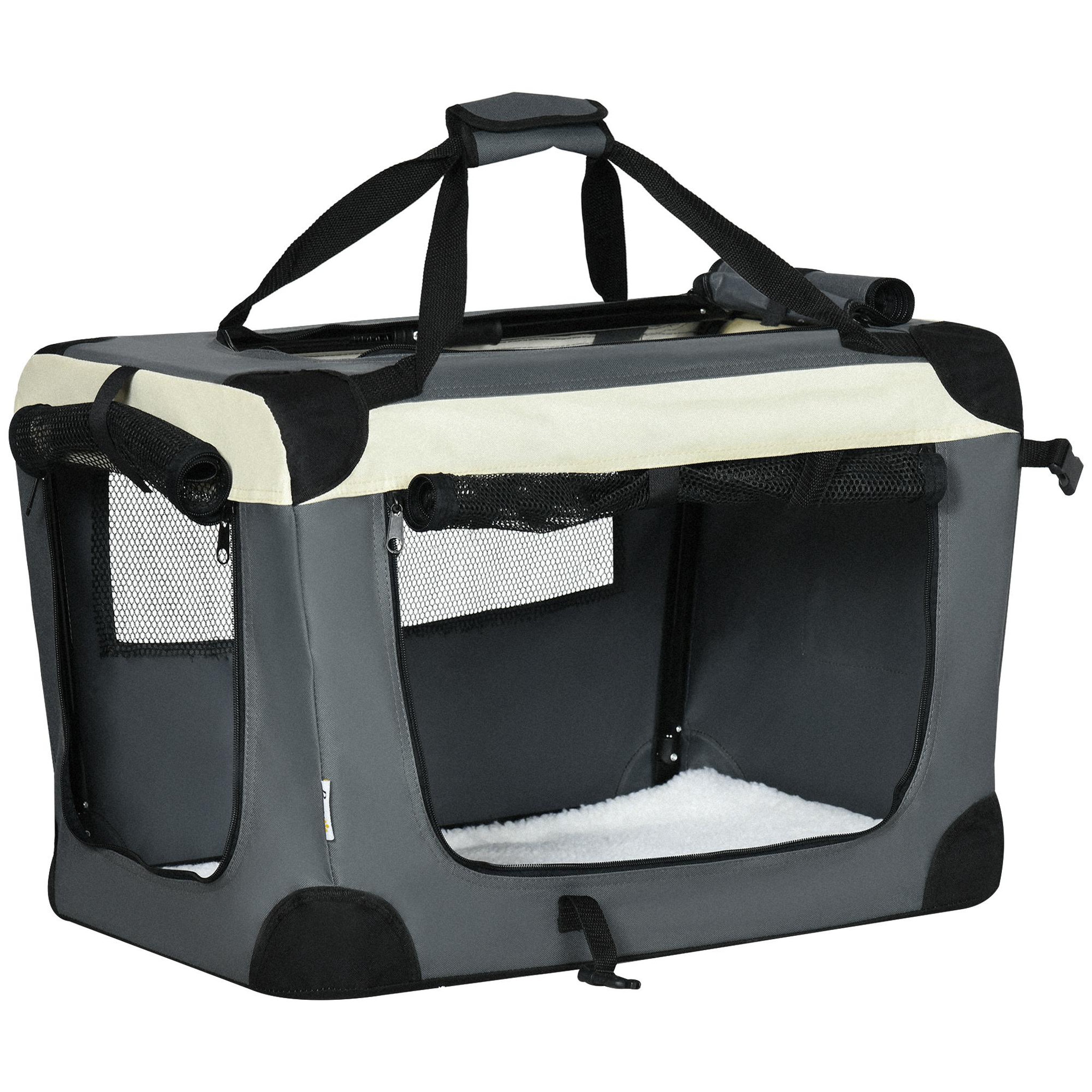 PAWHUT Sac de transport pour chien et chat pliable - poignée, 3 entrées zippées, poche - coussin amovible inclus - acier oxford polyester gris noir