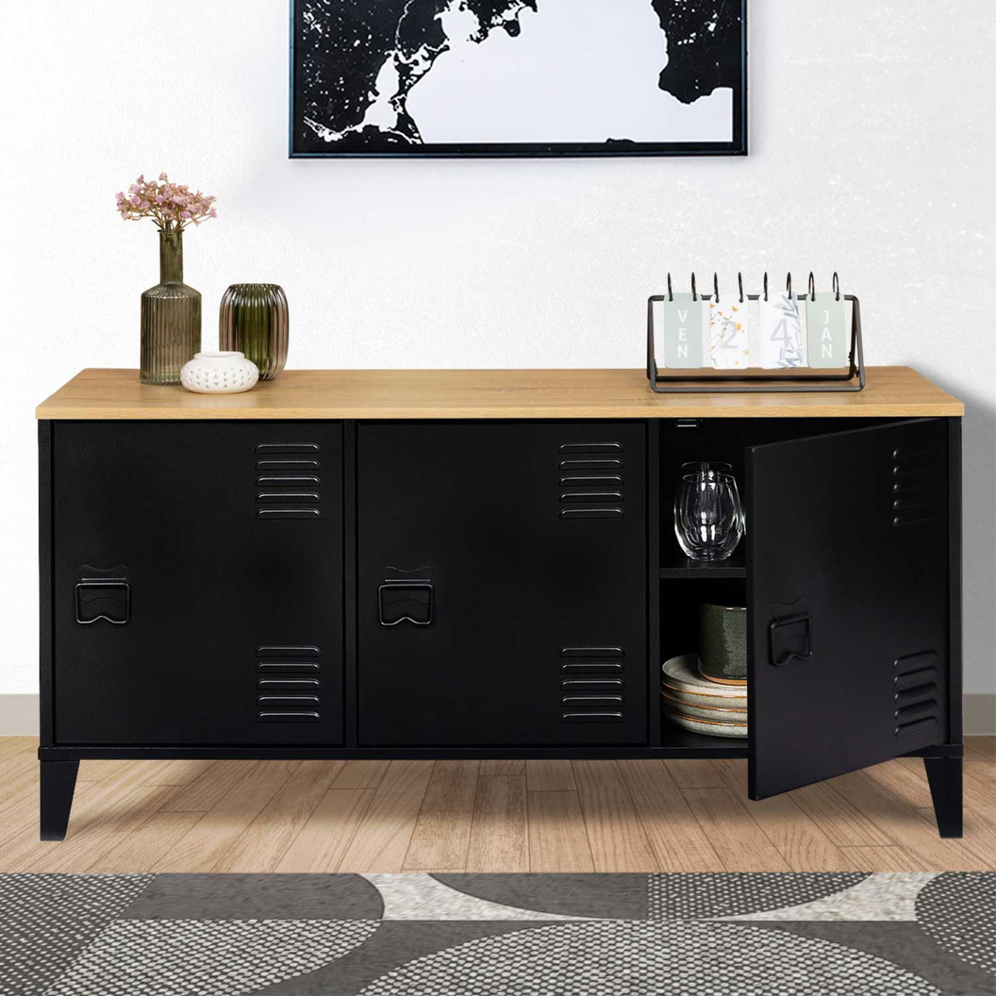 Voir la diapositive 4 : ID MARKET Buffet bas 113 cm ester 3 portes métal noir plateau bois design industriel