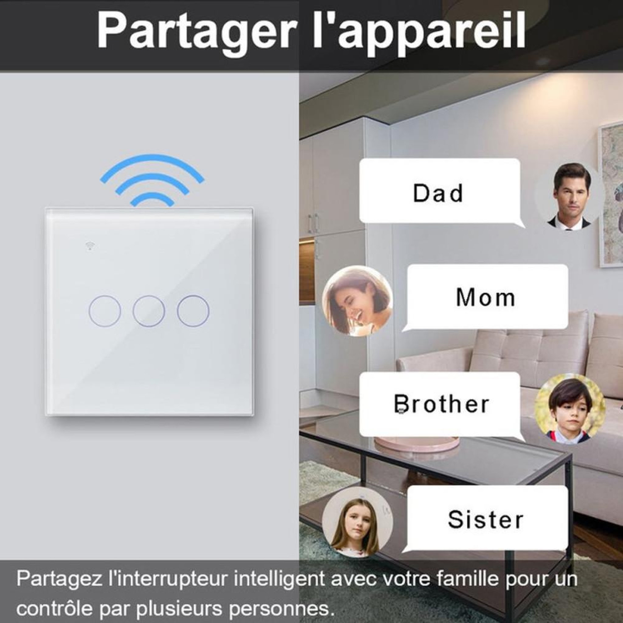 Voir la diapositive 3 : Interrupteur Wi‑Fi intelligent 3 voies tactile capacitif encastrable, commande via Tuya, Alexa et Google Assistant, blanc, 300 W par voie (2,4 GHz)