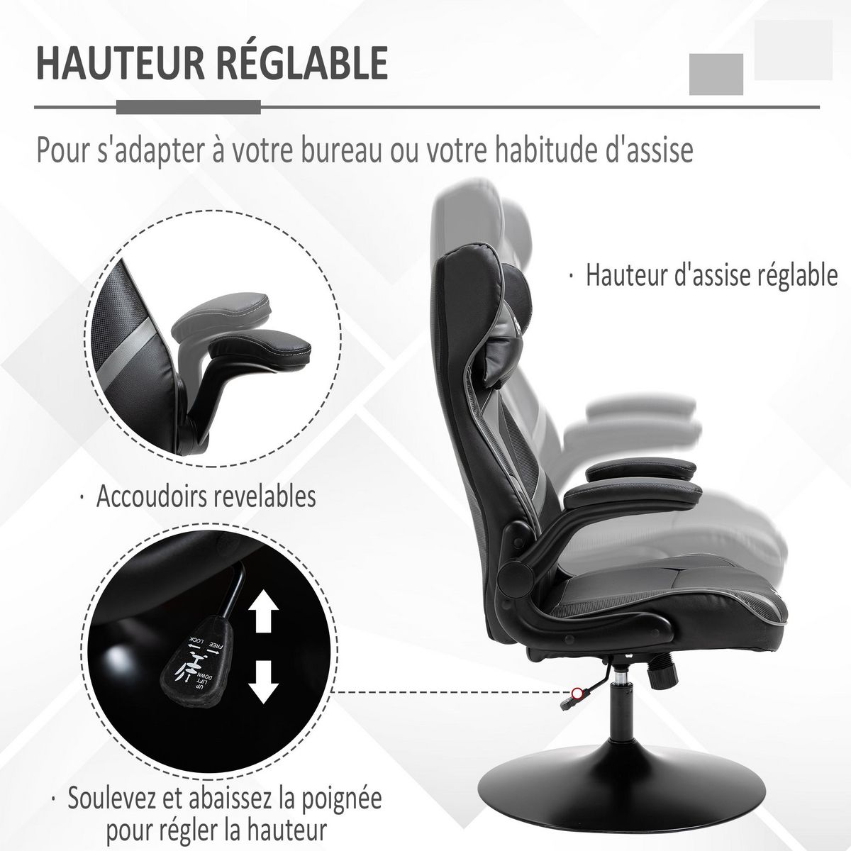 VINSETTO Fauteuil gaming base ronde métal pivotante 360° hauteur réglable tétière accoudoirs relevables PVC gris noir