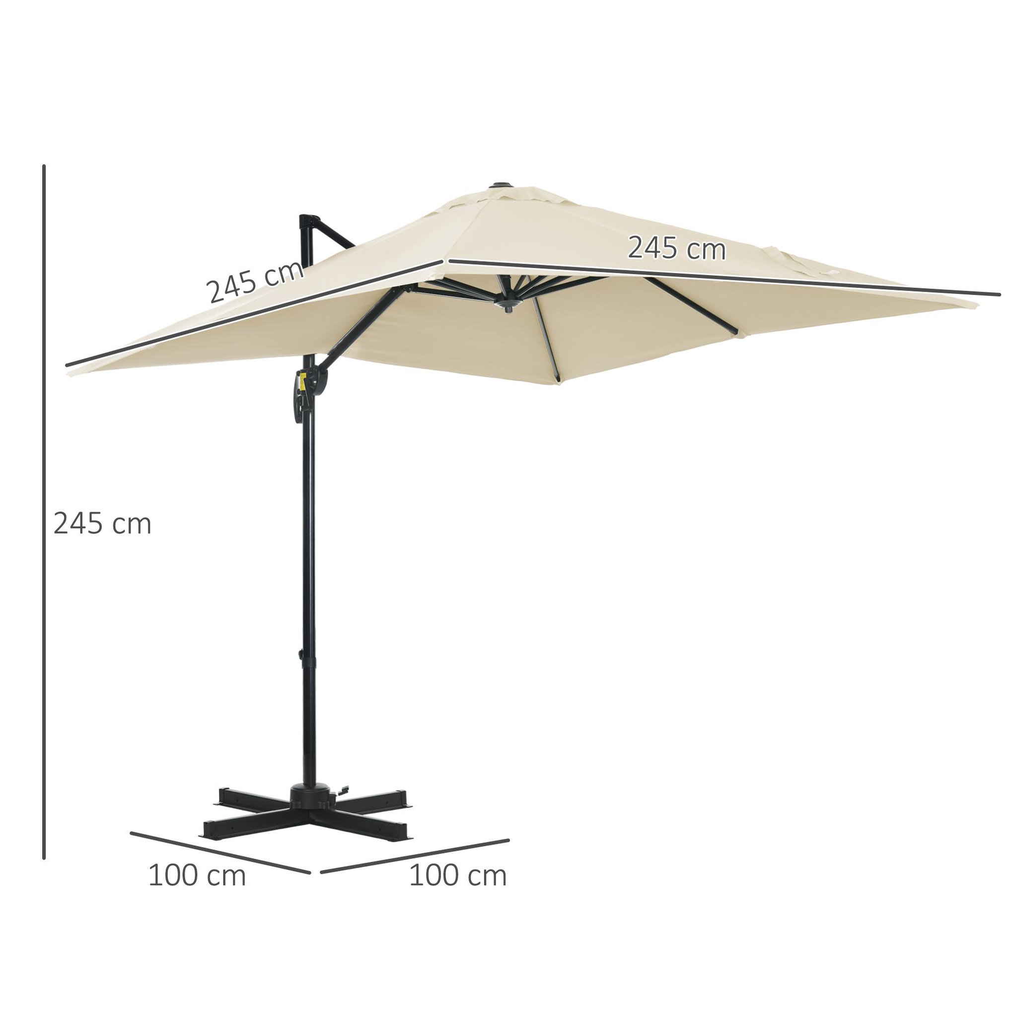 Voir la diapositive 3 : OUTSUNNY Parasol déporté carré inclinable manivelle avec pied en acier dim. 2,45L x 2,45l x 2,45H m métal alu. polyester haute densité beige