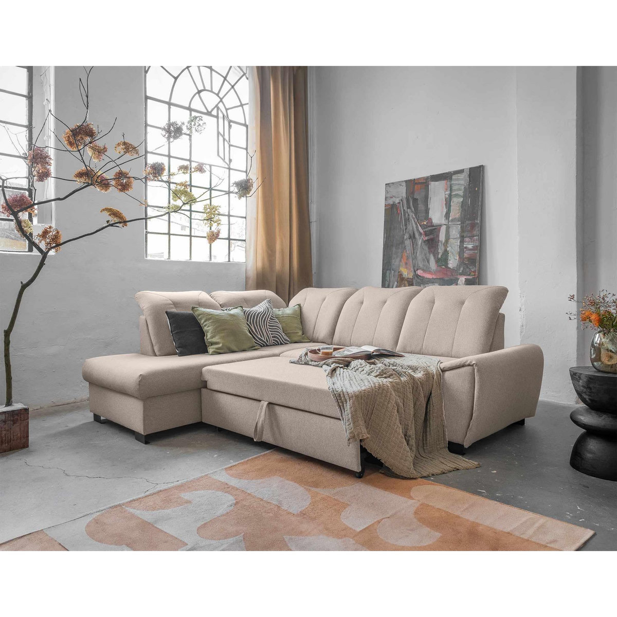 BEST MOBILIER Paul - canapé d'angle gauche - 5 places - convertible avec coffre et têtières - en tissu