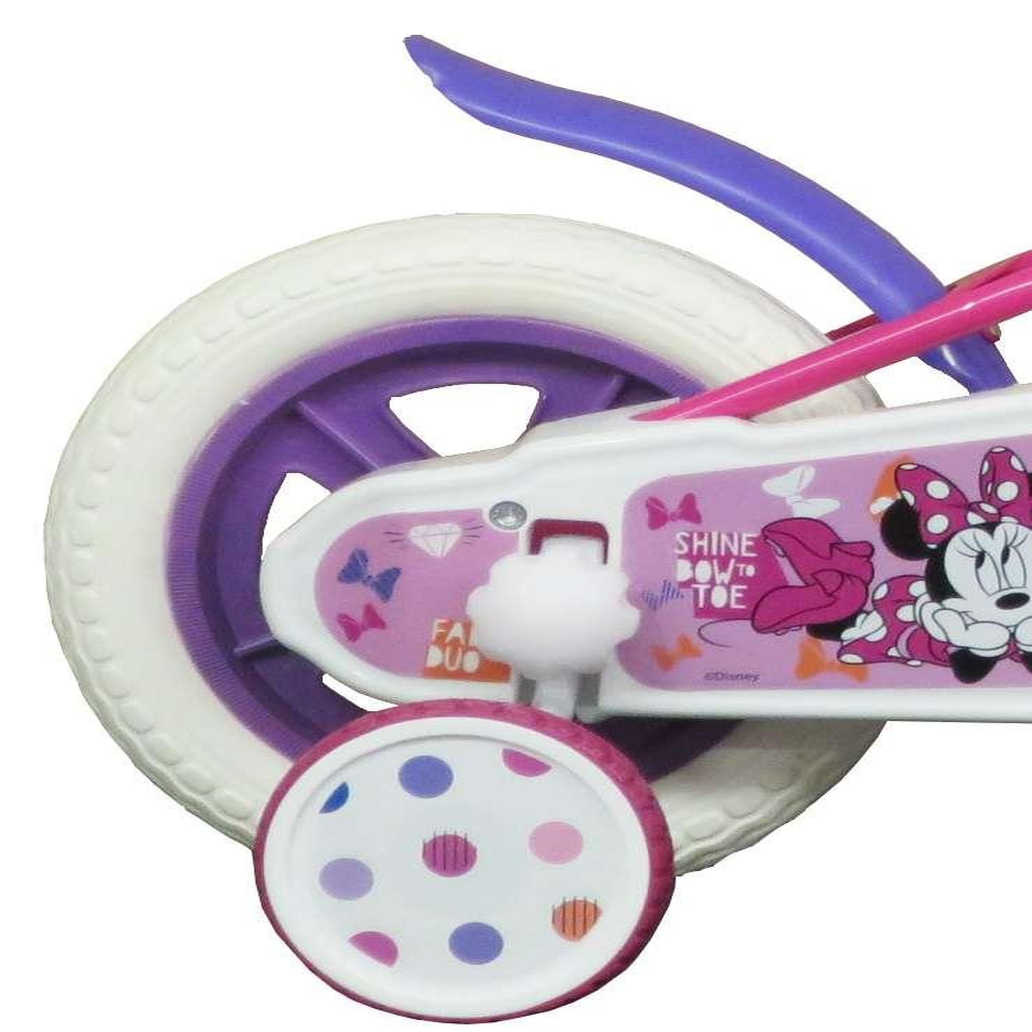 Voir la diapositive 3 : Disney Minnie Vélo enfant - Modèle 10'' Minnie de Disney pour enfant de 75/90 cm avec stabilisateurs - Panier avant - 1 frein et roues batons