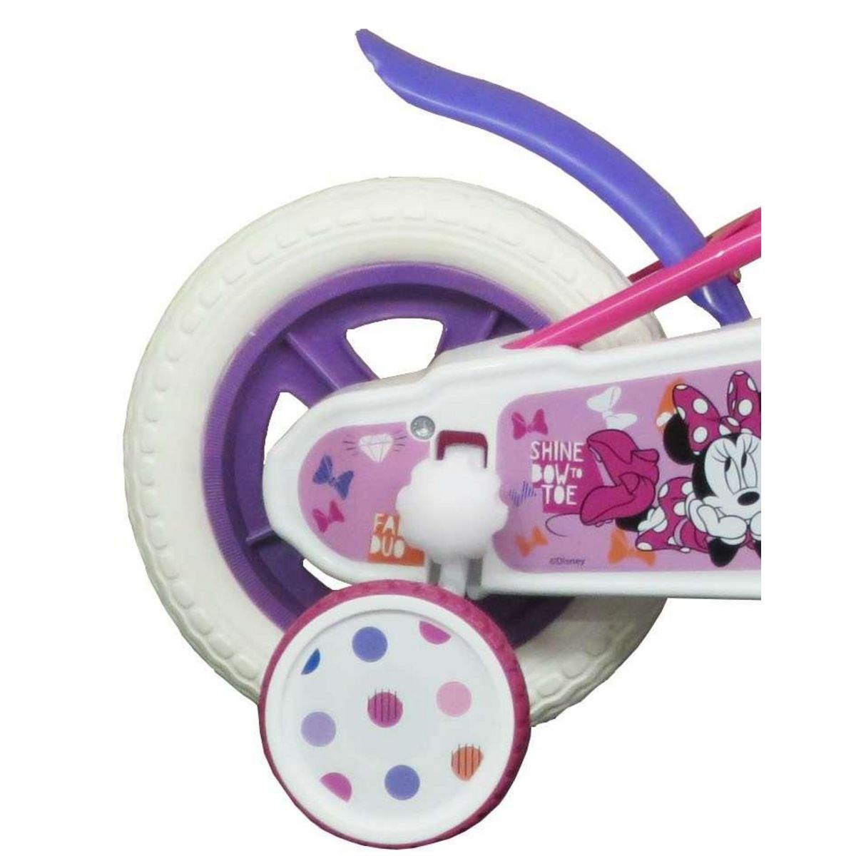 Disney Minnie Vélo enfant - Modèle 10'' Minnie de Disney pour enfant de 75/90 cm avec stabilisateurs - Panier avant - 1 frein et roues batons