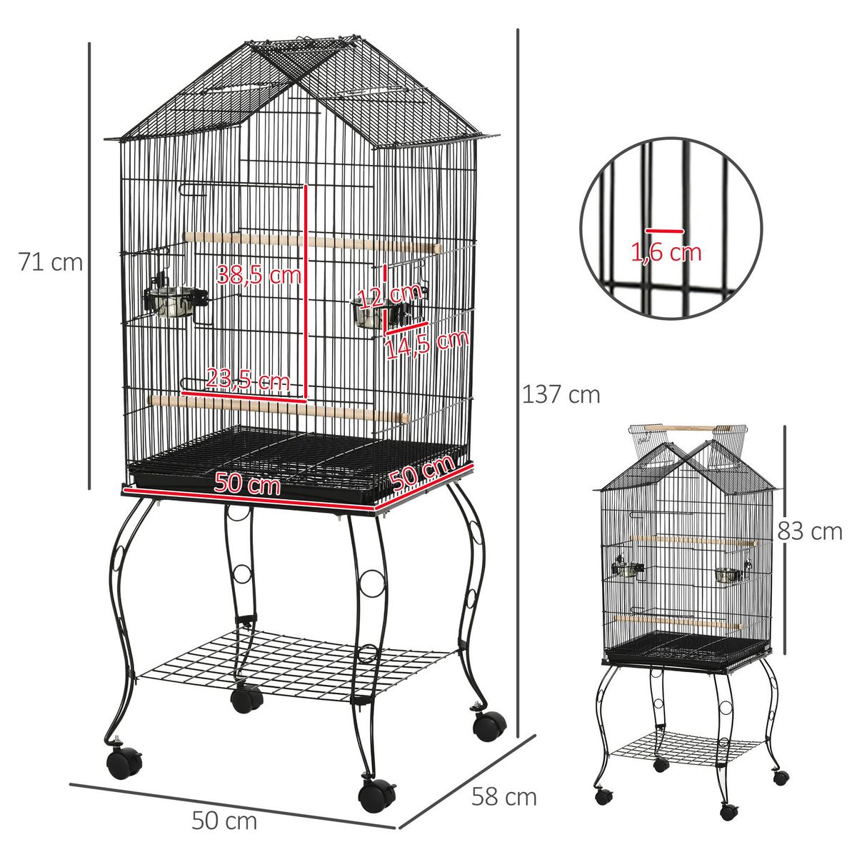 PAWHUT Cage à oiseaux sur pied volière avec 2 mangeoires perchoirs plateau amovible poignée et roulettes - 50 x 58 x 137-145 cm noir