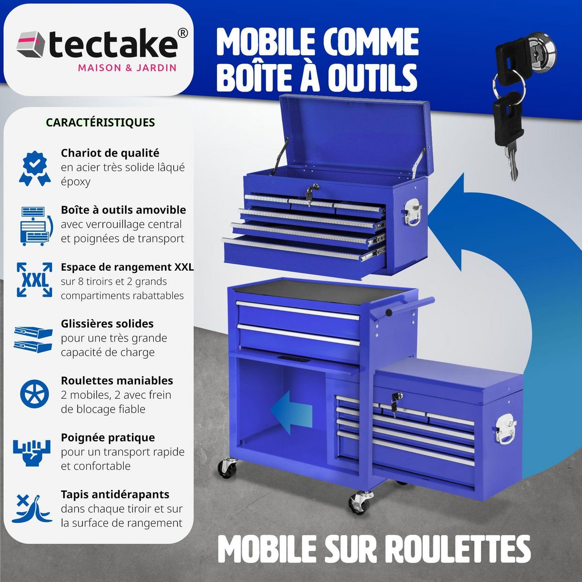 tectake Servante d'atelier 10 compartiments spacieux verrouillables avec tapis antidérapant bleu