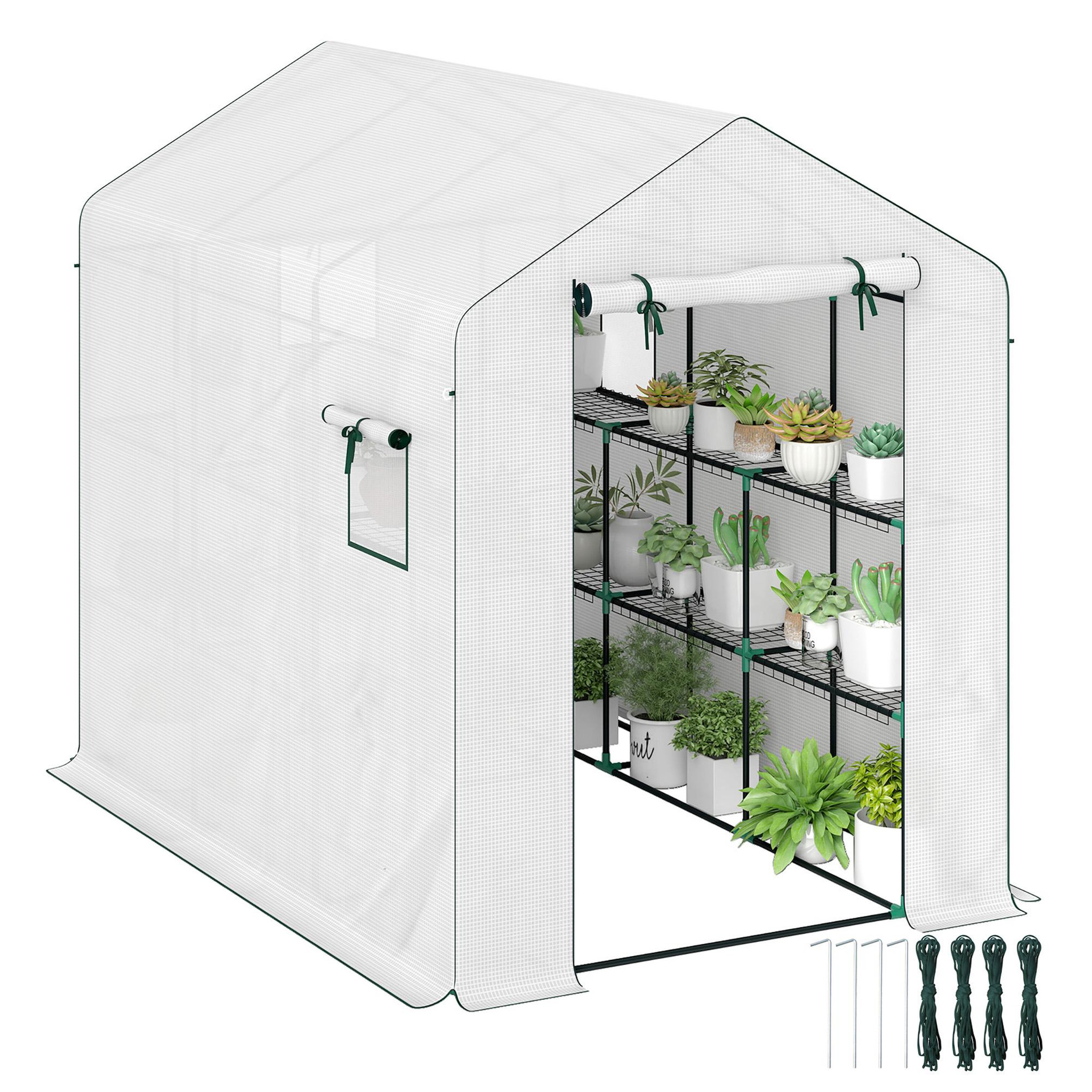 Voir la diapositive 4 : OUTSUNNY Serre de jardin 4 étagères - porte enroulable zippée, 2 fenêtres - 143 x 215 x 190 cm - acier vert PE blanc