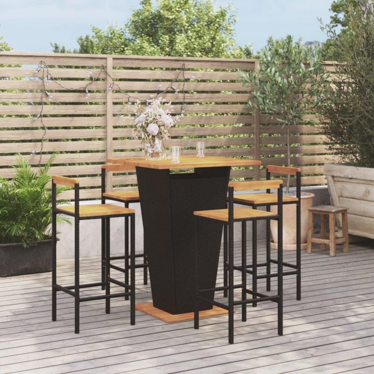 VIDAXL Ensemble de bar jardin 5 pcs noir poly rotin/bois massif acacia
