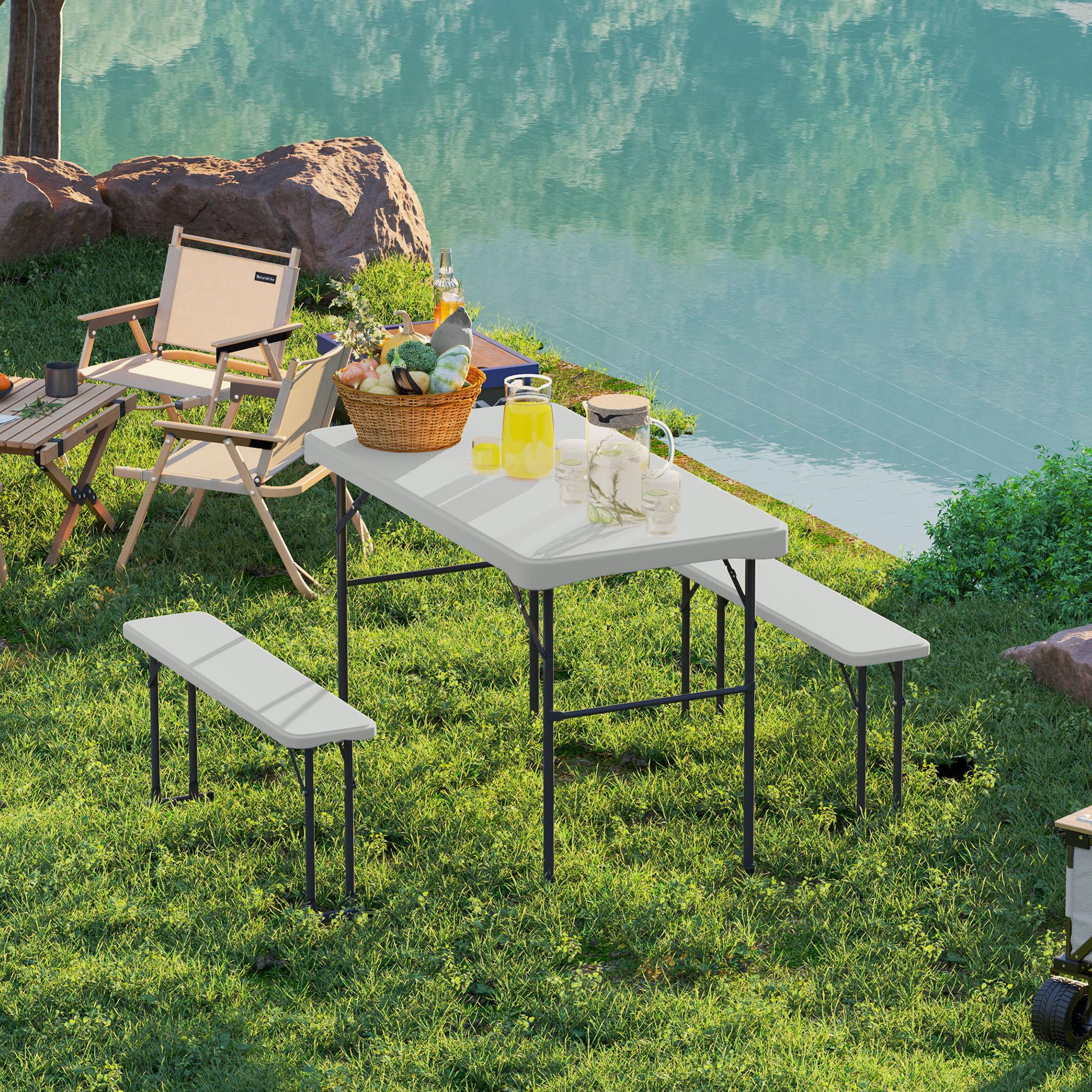 Voir la diapositive 2 : OUTSUNNY Ensemble table 2 bancs pliables avec poignées - usage pique-nique camping - métal époxy hdpe gris clair