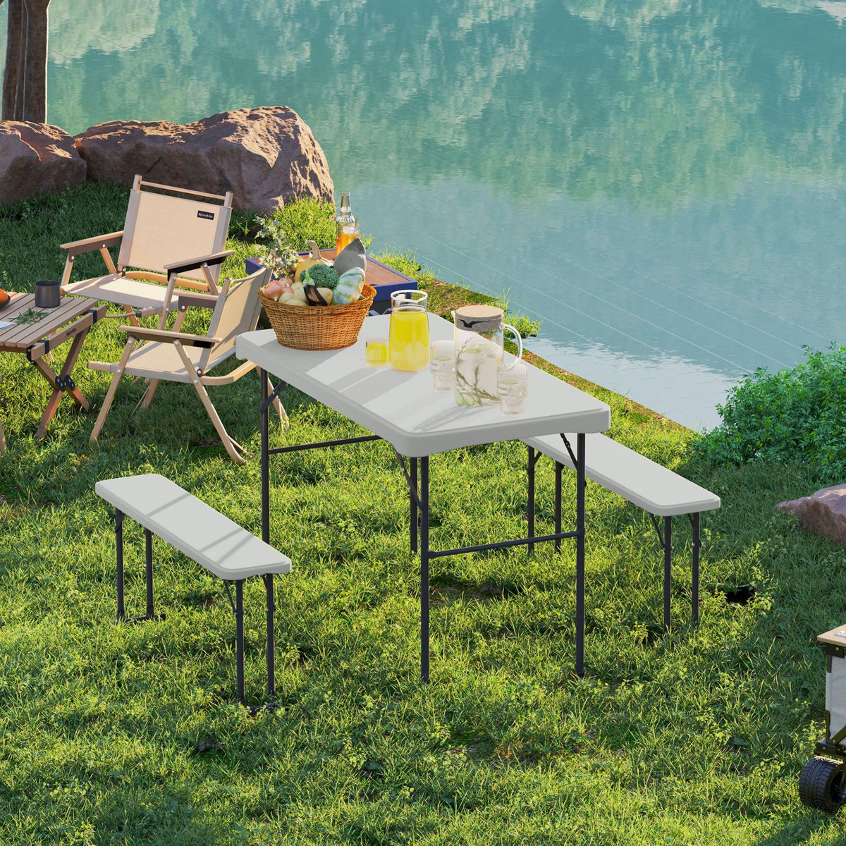 OUTSUNNY Ensemble table 2 bancs pliables avec poignées - usage pique-nique camping - métal époxy HDPE gris clair