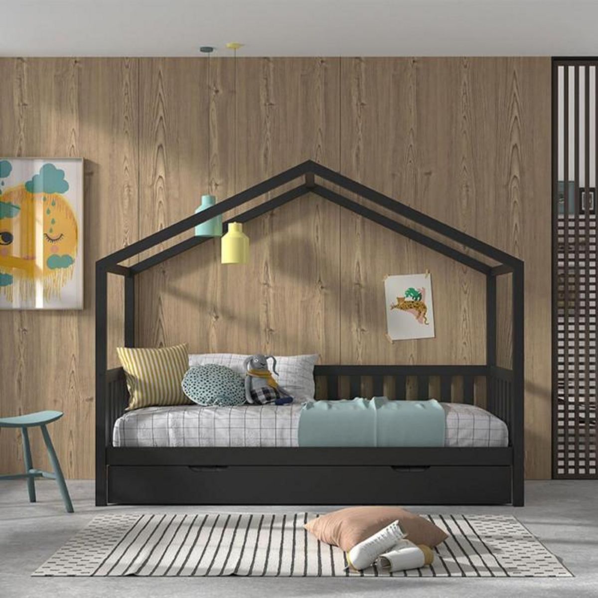 Paris Prix Lit Cabane Enfant & Tiroir  Dallas  90x200cm Anthracite