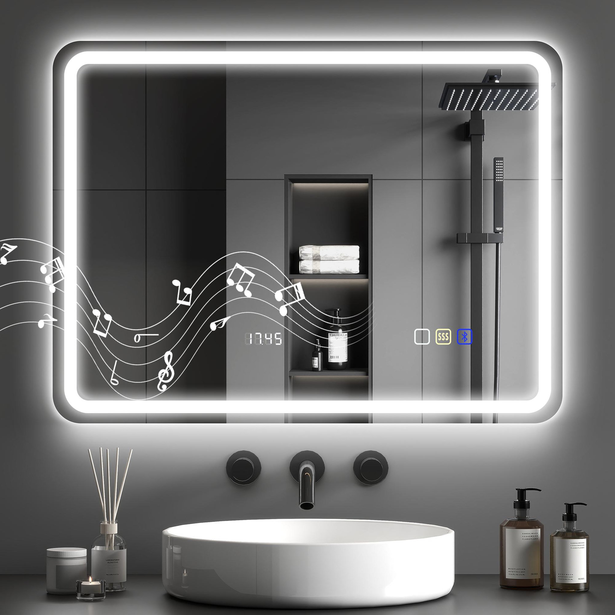 Voir la diapositive 2 : HOMCOM Miroir lumineux led salle de bain bluetooth 60x80cm - horloge numérique, antibuée, tactile, réglable - verre trempé 4 mm