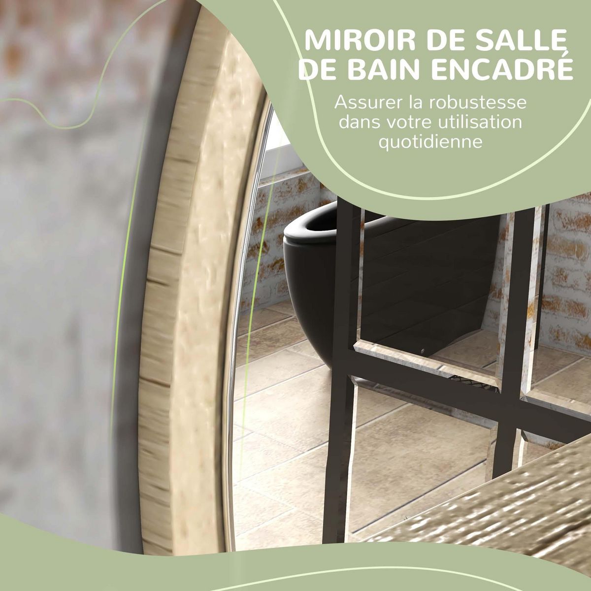 KLEANKIN Miroir rond mural de salle de bain style cosy avec étagère - Ø 45 cm - effet bois naturel