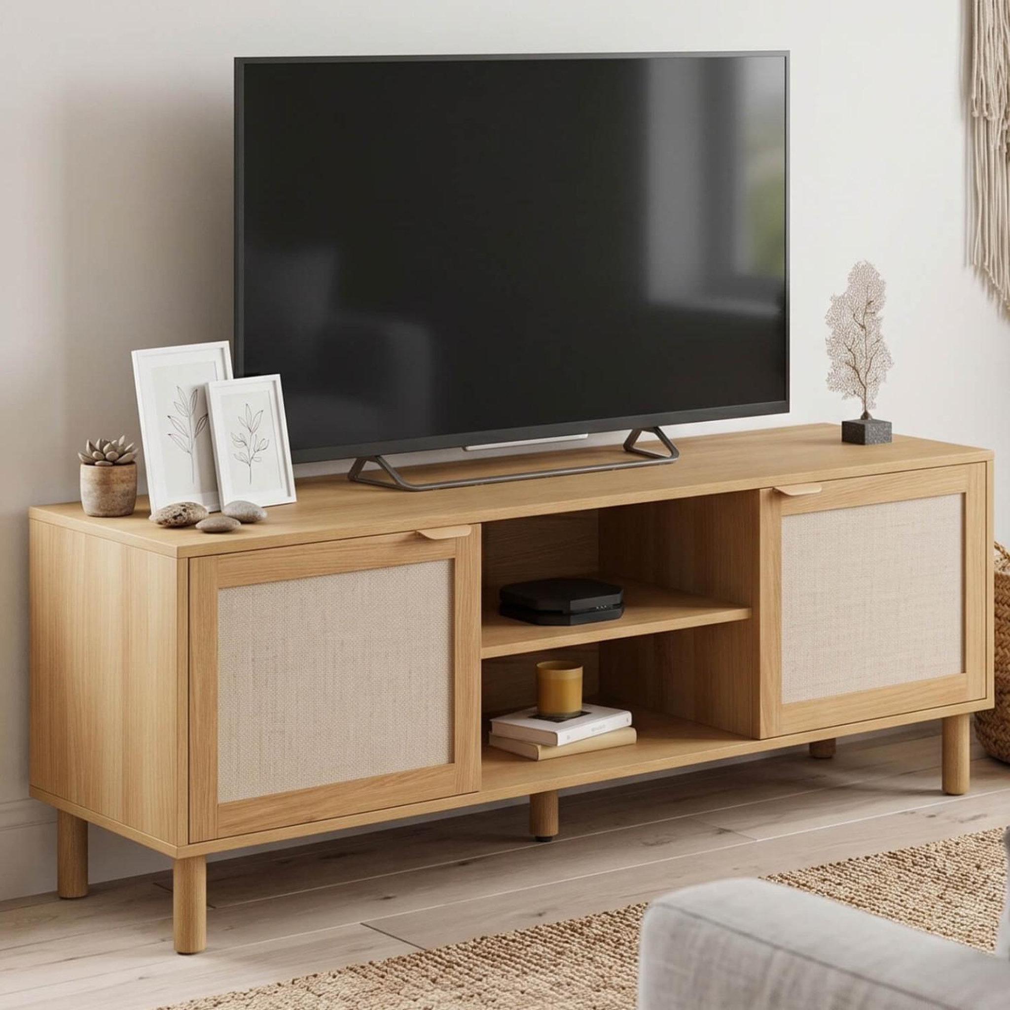 Voir la diapositive 2 : ID MARKET Meuble tv 140 cm robin 2 portes bois et tissu effet lin