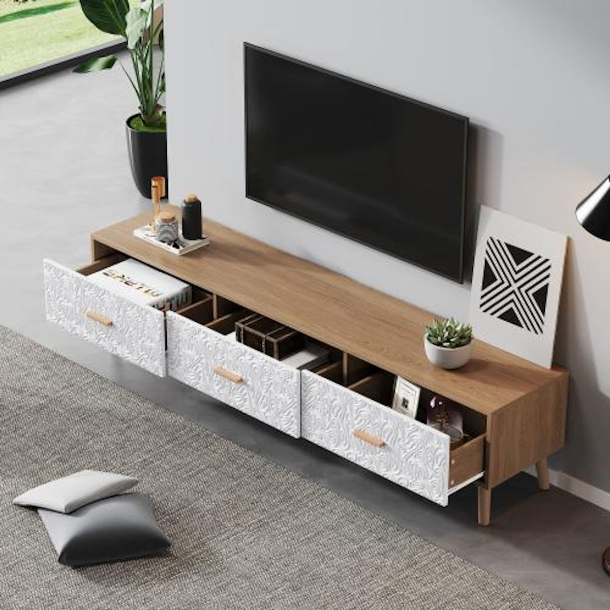 MERAX Meuble tv naturel+blanc 150 cm panneau de particules