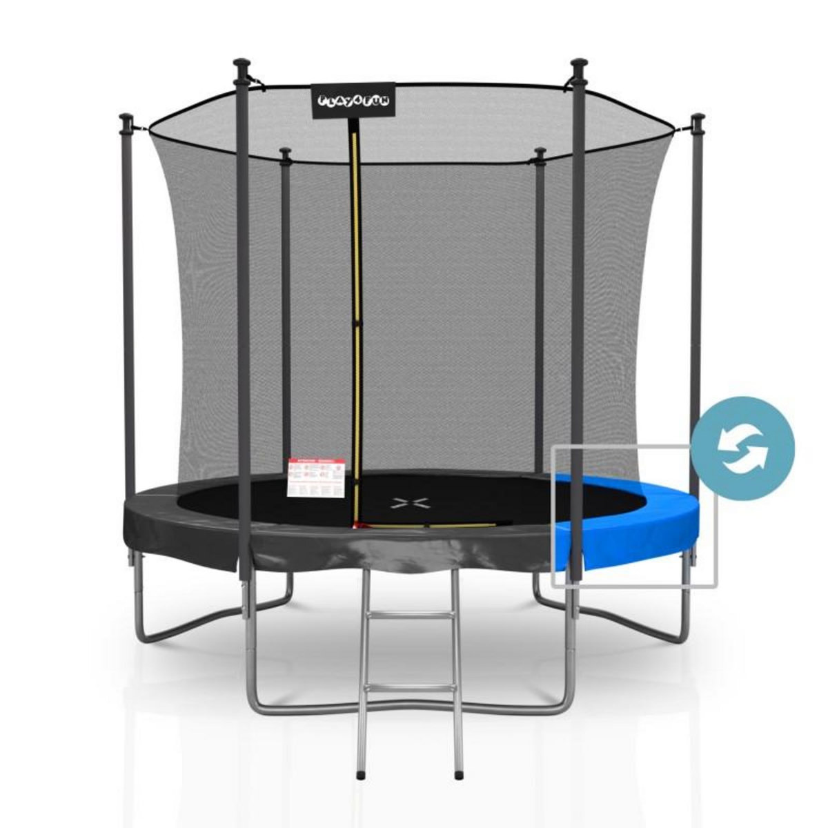PLAY4FUN Trampoline extérieur Classique 8Ft ø244cm avec coussin de protection réversible Bleu/Noir, Echelle et Filet de sécurité
