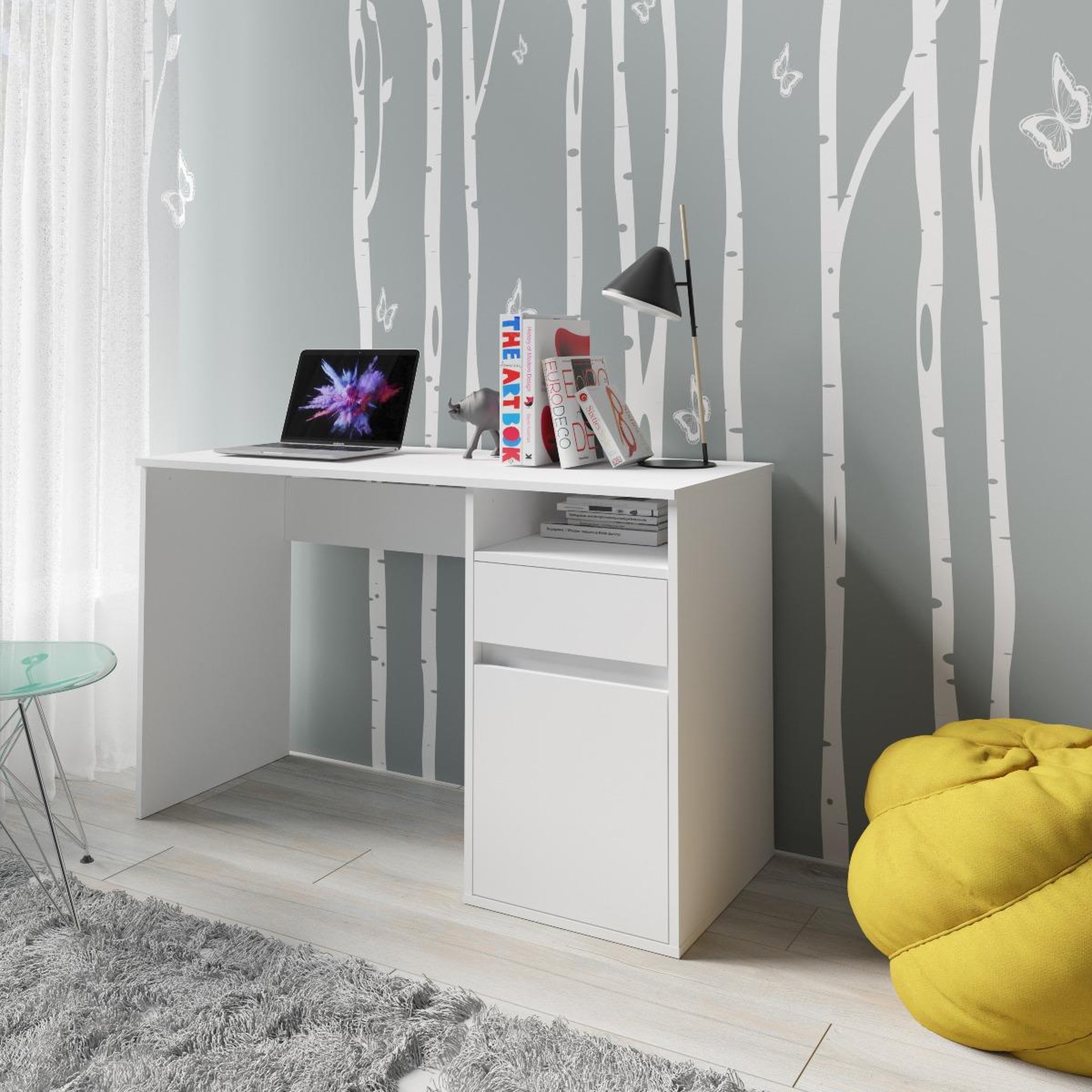 Voir la diapositive 2 : JLC KREATION Bureau moderne blanc 120cm avec rangement albi