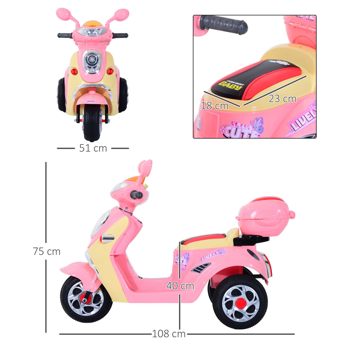 HOMCOM HOMCOM Moto scooter électrique pour enfants 6 V env. 3 Km/h 3 roues et topcase effet lumineux et sonore rose
