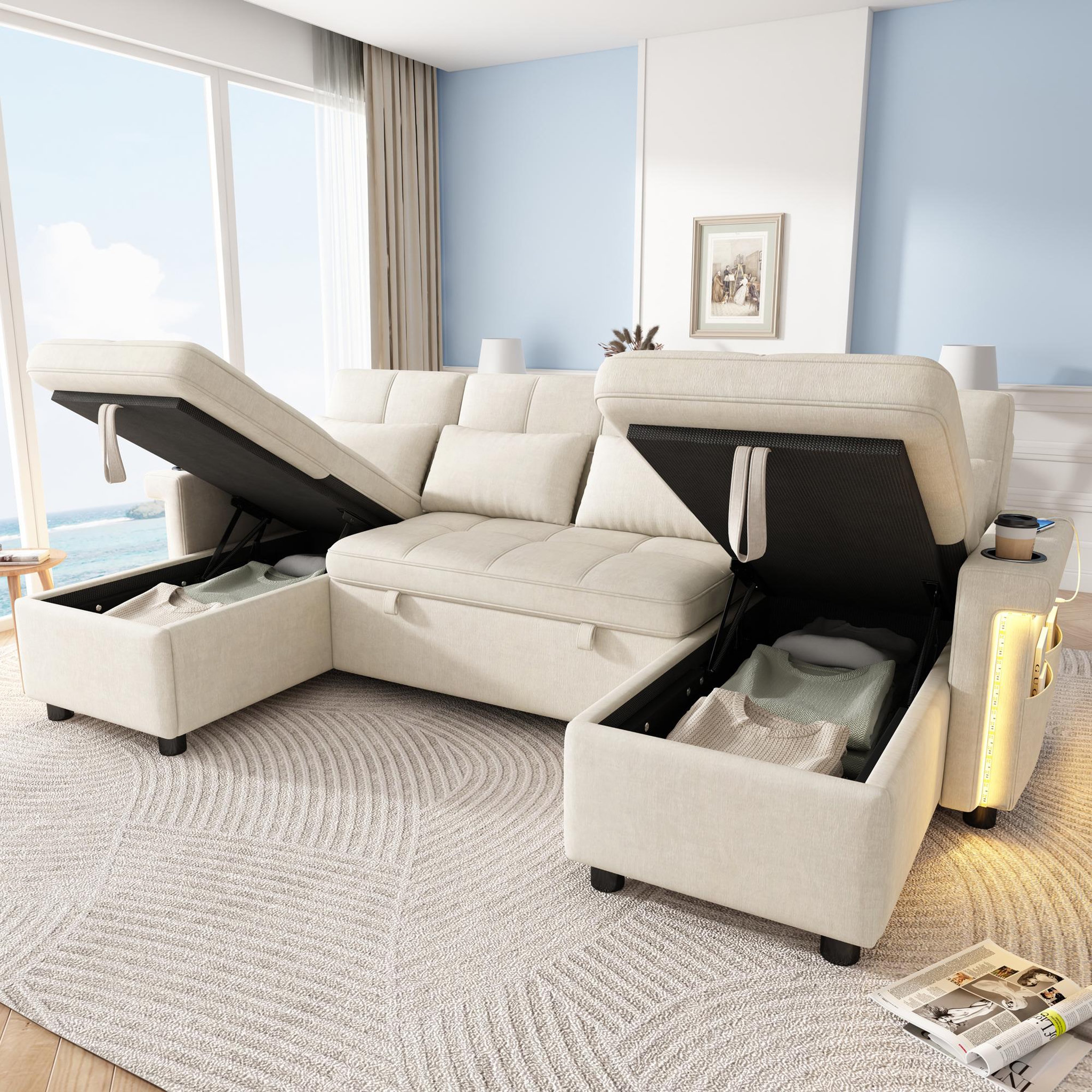 Voir la diapositive 4 : MERAX Canapé d'angle u convertible 4 places avec dossier réglable led usb type-c tissu chenille