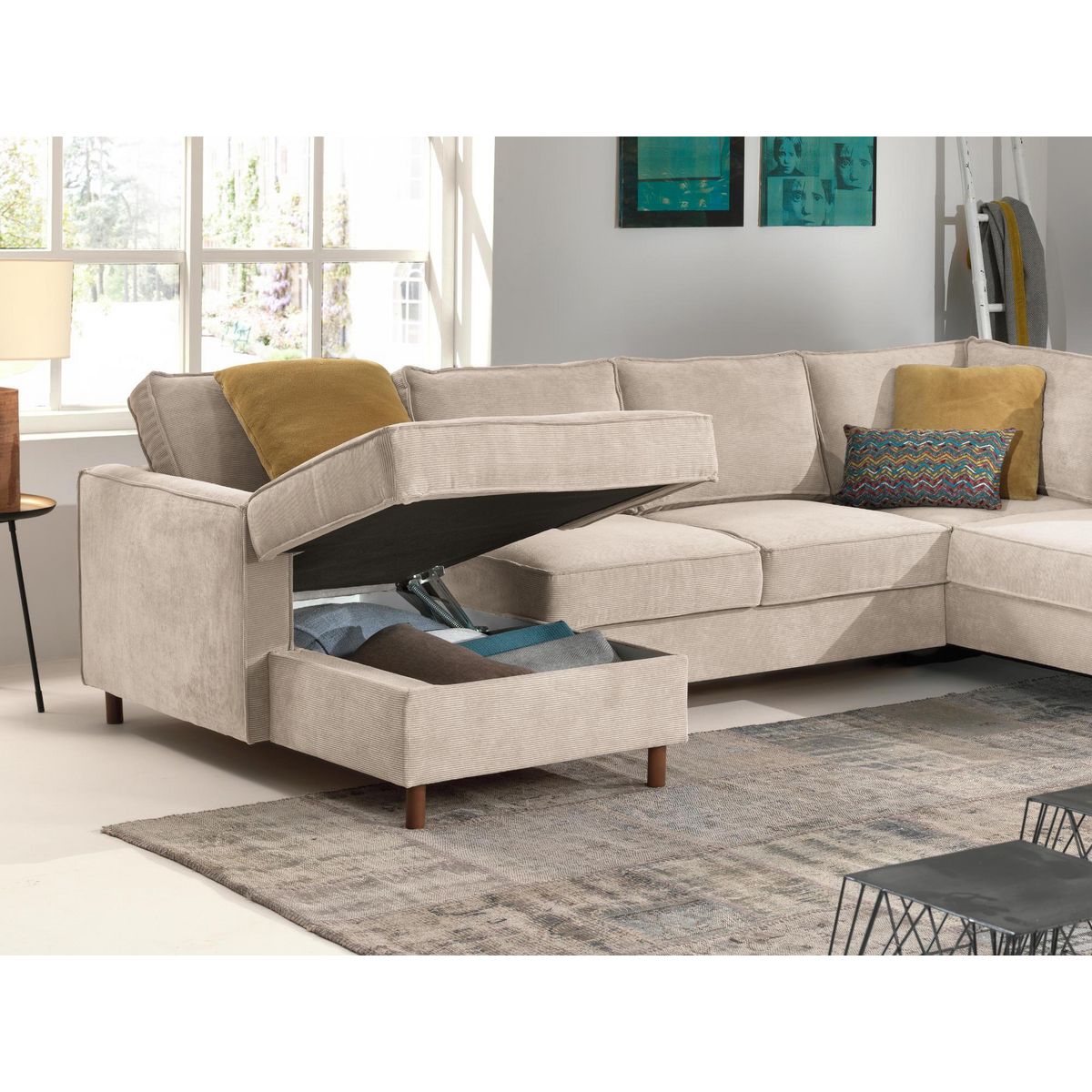 LISA DESIGN Jake - canapé panoramique d'angle droit - convertible avec coffre - 7 places - en velours côtelé