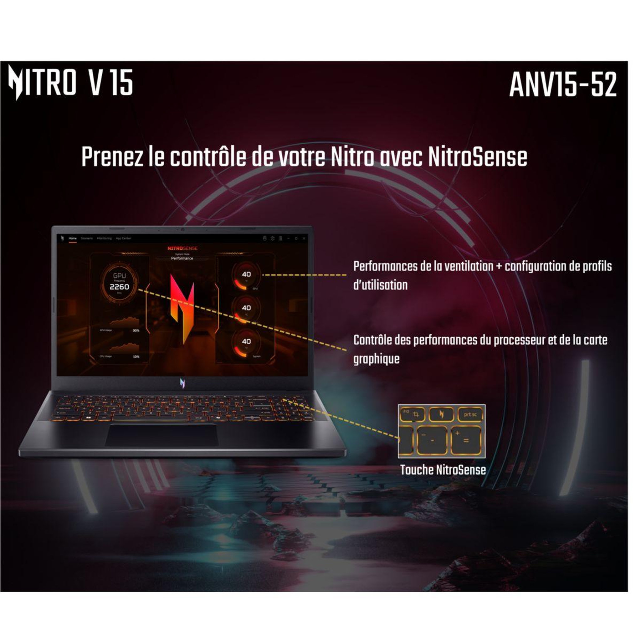 Voir la diapositive 5 : ACER PC Gamer Nitro 15,6  FHD 165Hz Intel Core i7 13620H Nvidia GeForce RTX 5060 16 Go RAM DDR4 SSD 512 Go