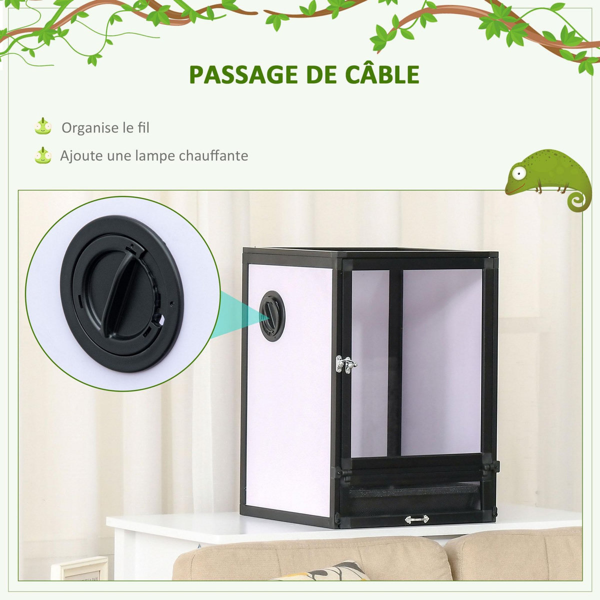 PAWHUT Terrarium vivarium boîte pour reptiles dim. 32L x 32l x 46H cm avec passe-câble, fond en ABS, plateau amovible noir blanc