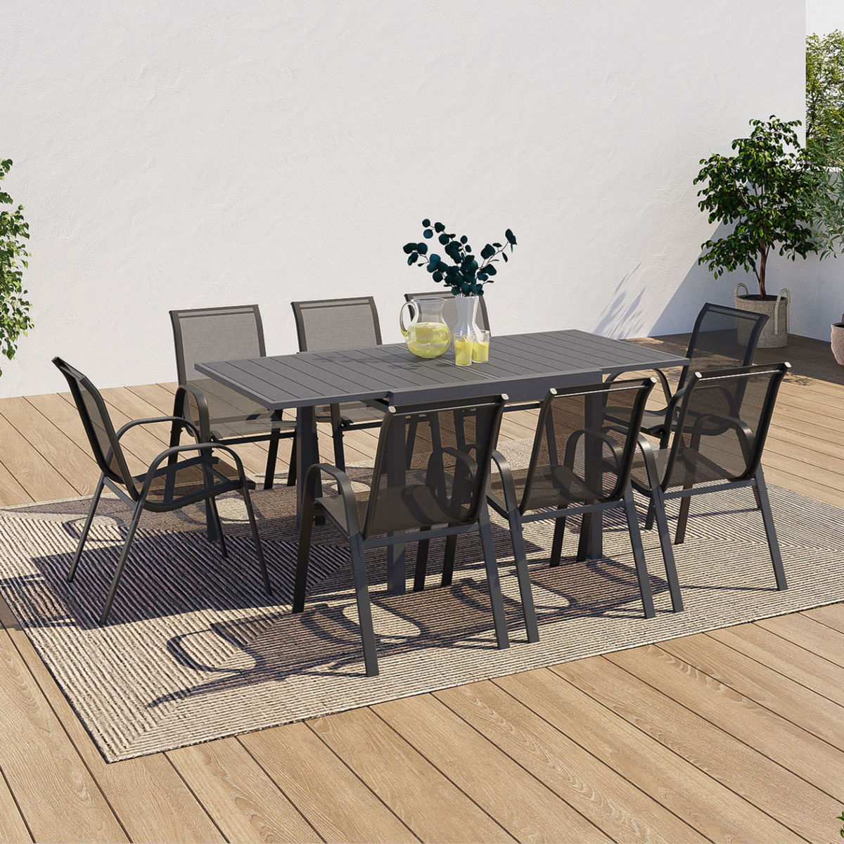 ID MARKET Salon de jardin POLY extensible table 90-180 CM et 8 chaises gris foncé