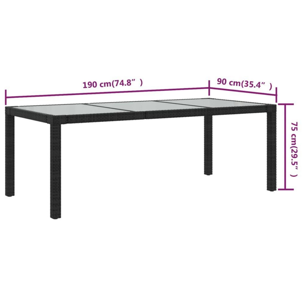 VIDAXL Table de jardin Noir 190x90x75 cm Verre trempe/resine tressee