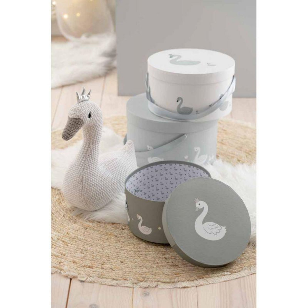 Paris Prix Lot de 3 Boîtes Déco  Cygne  32cm Blanc & Gris