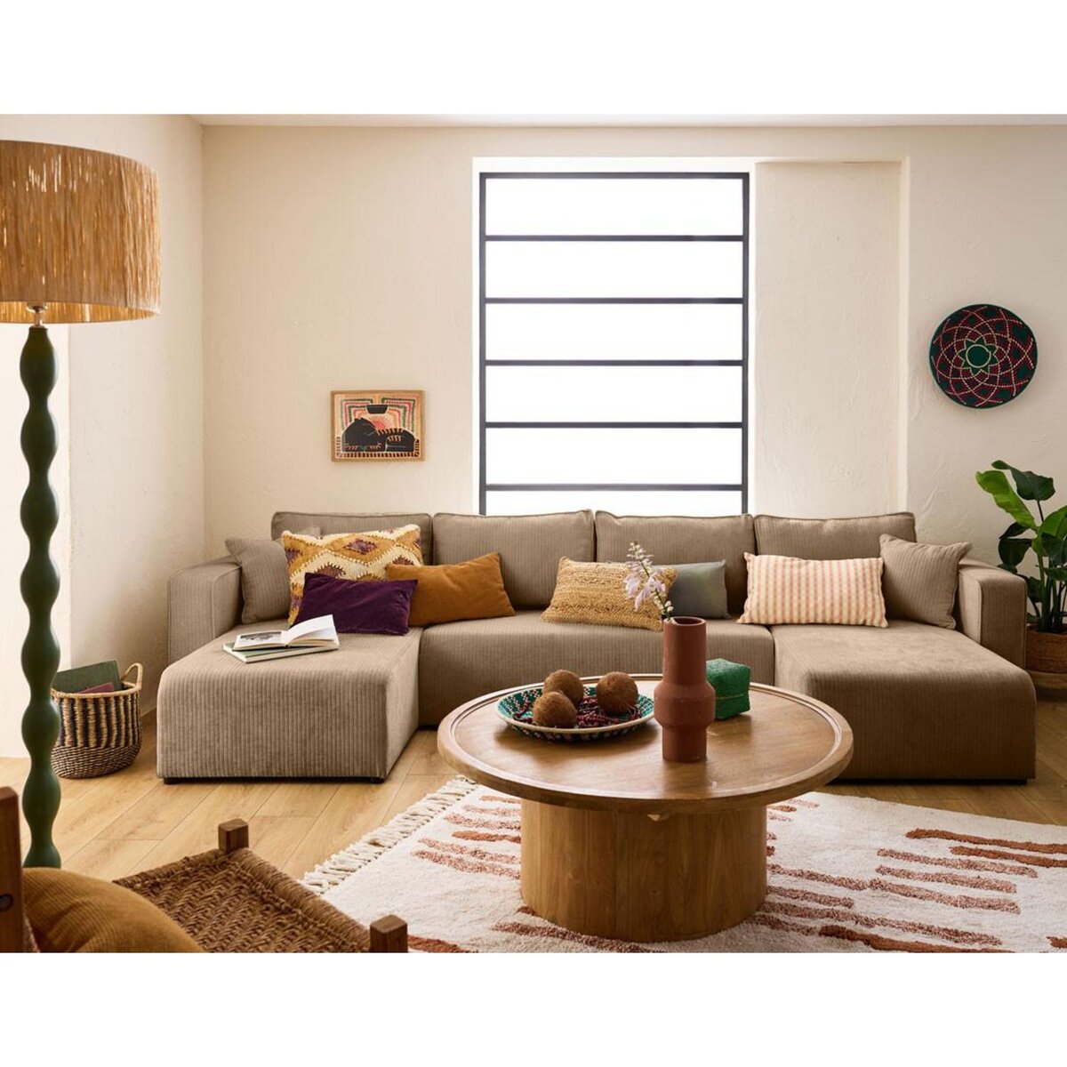 BEST MOBILIER Topaze - canapé panoramique en u - 7 places - convertible avec coffre - en velours côtelé plat