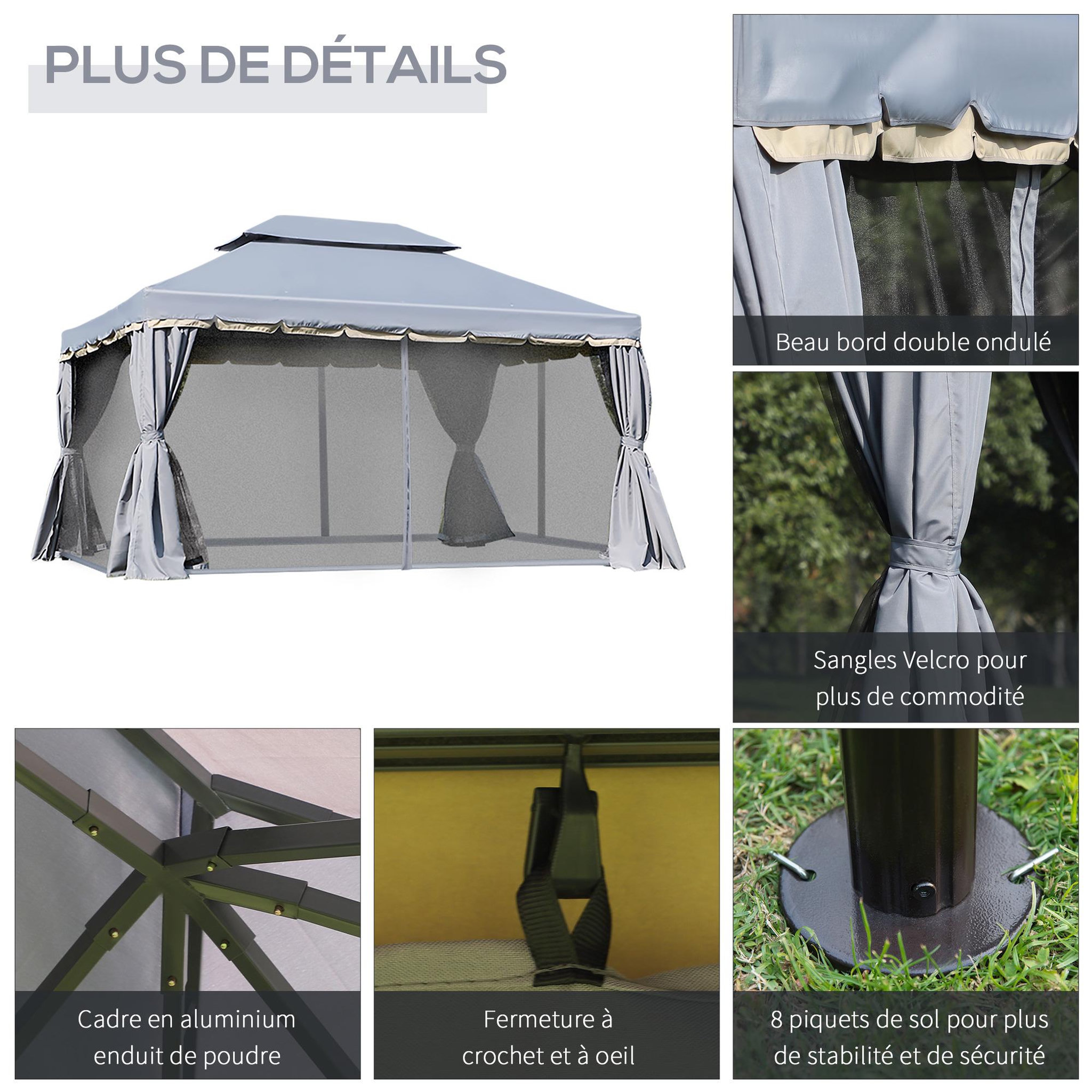 Voir la diapositive 6 : OUTSUNNY Tonnelle barnum pavillon de jardin style colonial double toit toile moustiquaires et toiles amovibles 3,9L x 2,9l x 2,8H m gris
